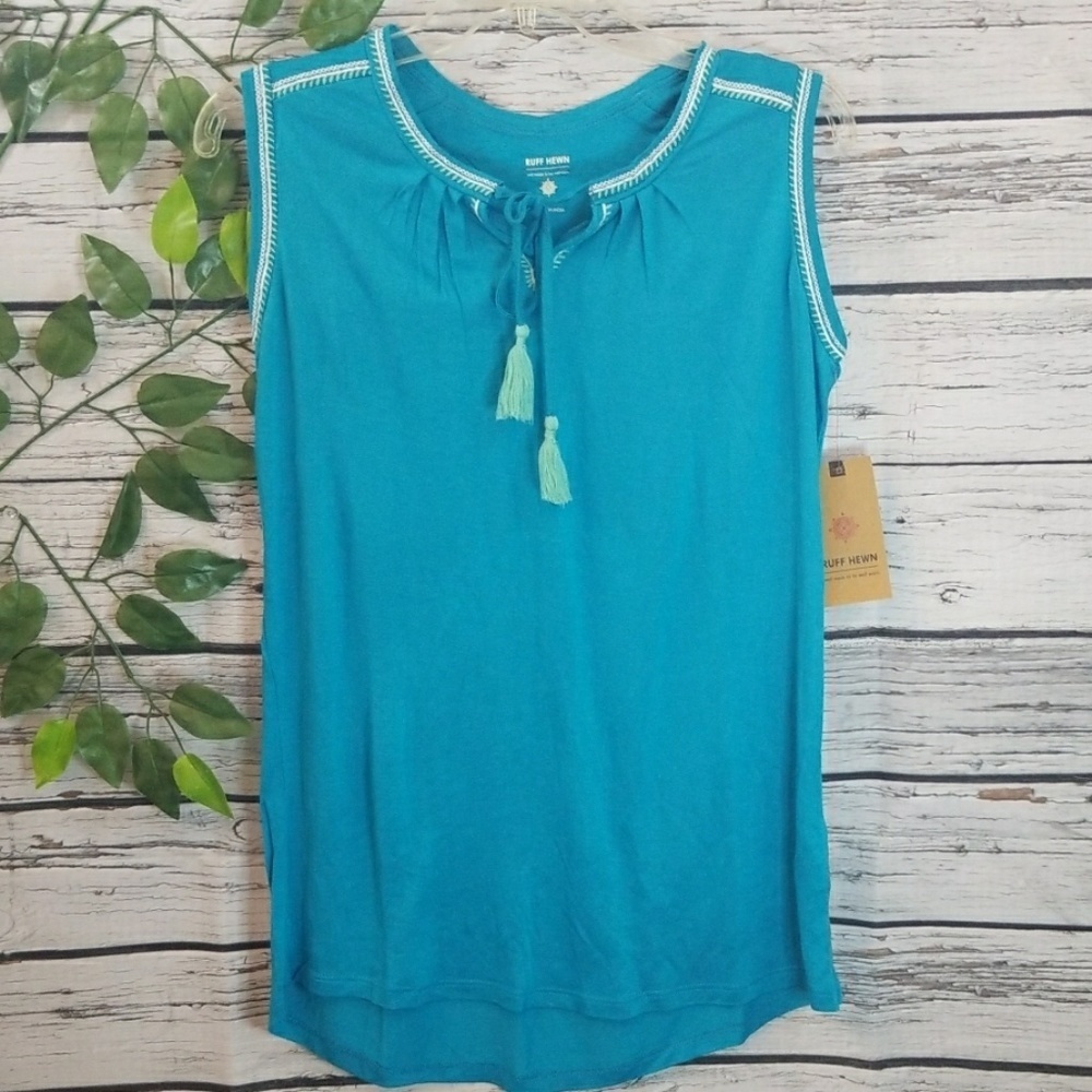 NWT Ruff Hewn sea blue sleeveless white stitch top